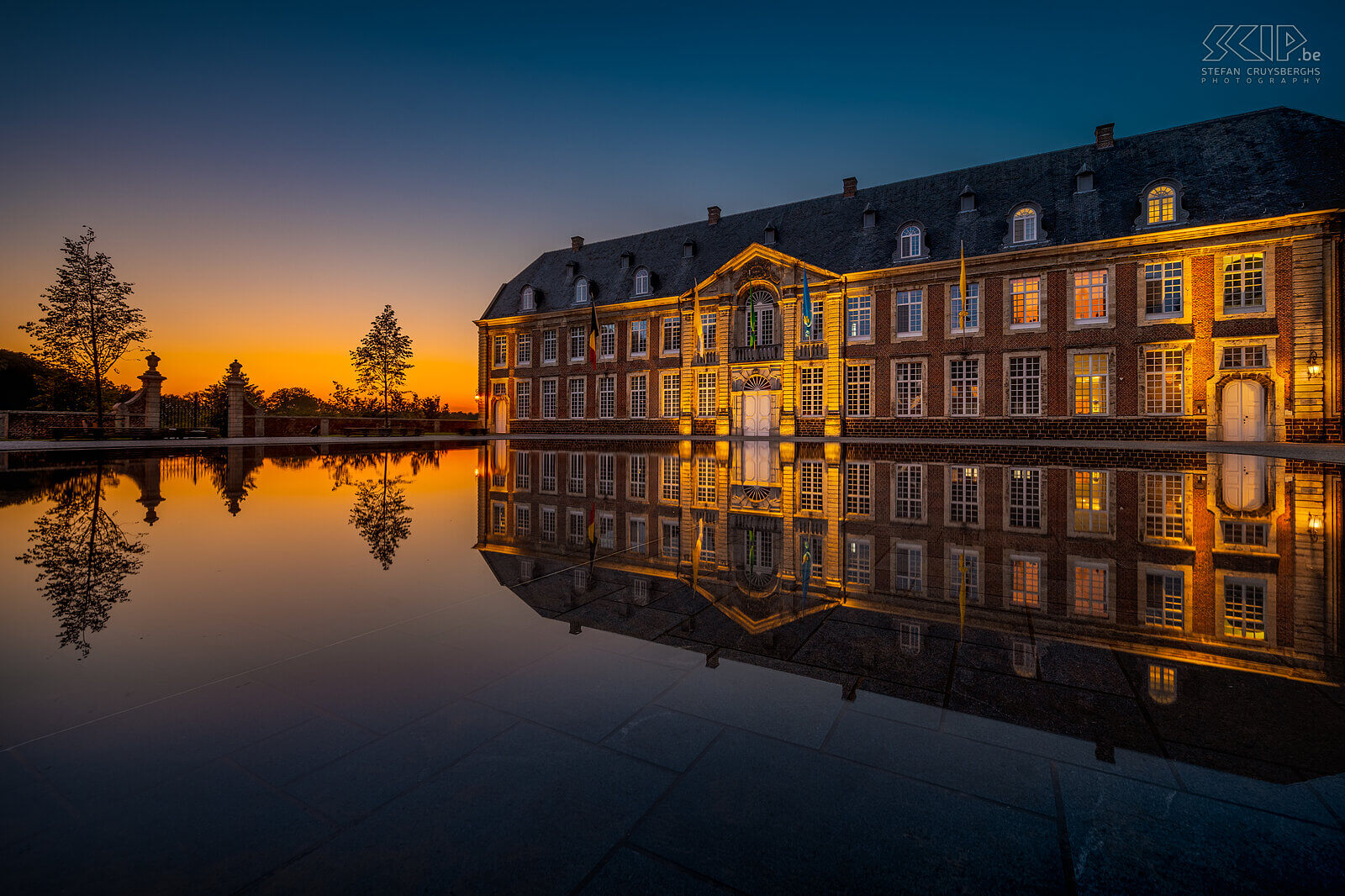 Hageland by night - Abbey of Averbode A beautiful glow of the sun that has already set on the mirror-square at the Abbey of Averbode, a Norbertine abbey that was founded around 1134. Stefan Cruysberghs